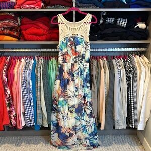 Lily Rose blue/green/white/red floral print sleeveless maxi dress size XL